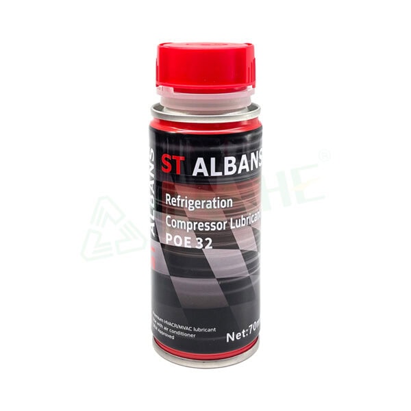 Refrigerant oil POE32 70ML bottle for HVAC systems, used for refrigeration and compressor lubrication, with a red cap and black label.